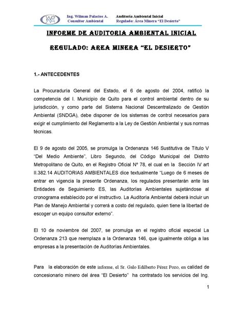 Informe De Auditoria Ambiental Inicial Minera El Desierto By Coplex Sac
