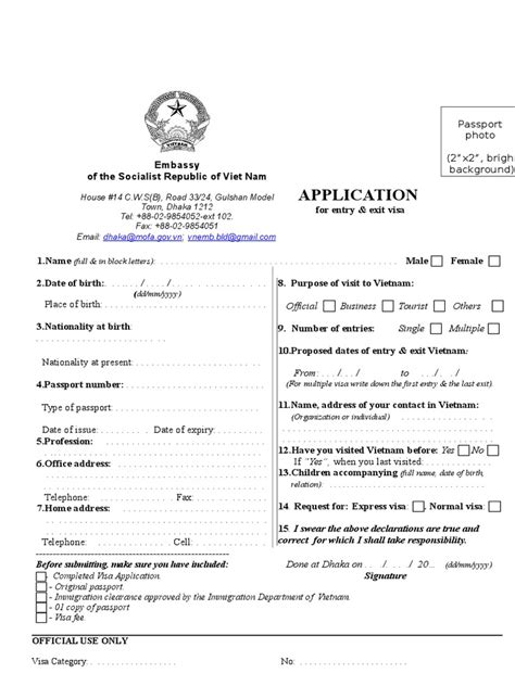 Visa Application Form Vietnam