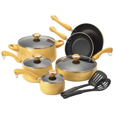 While, in fact, a dining room table is about dining, establishing a complete dining atmosphere takes. Paula Dean non-stick porcelain coated yellow pots and pans ...