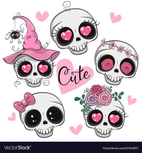 Cute Cartoon Skulls With Flowers And Hearts Vector Image