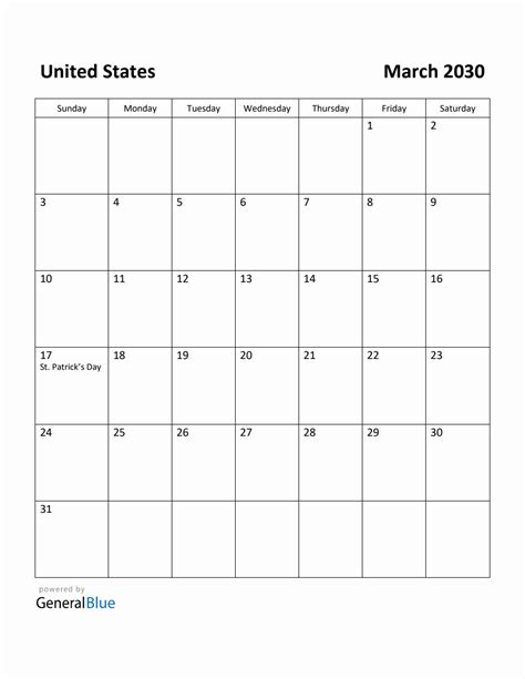 Free Printable March 2030 Calendar For United States