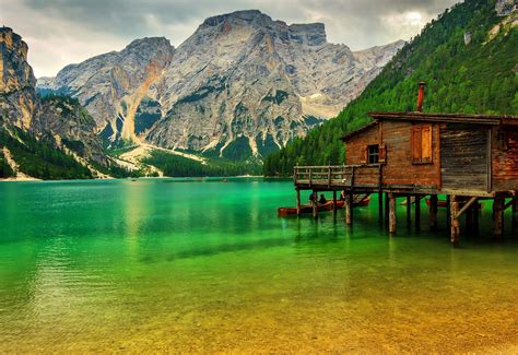Mountain Lake Lake Sudtirol Italy Boat Pier Rocks Trees
