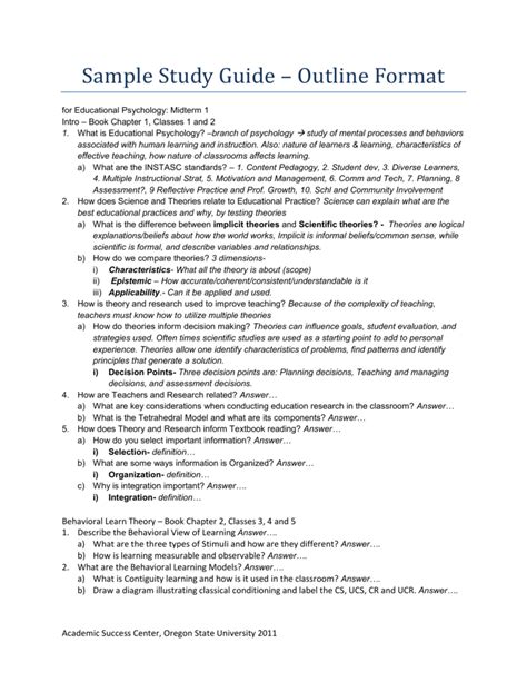 Sample Study Guide Outline Format