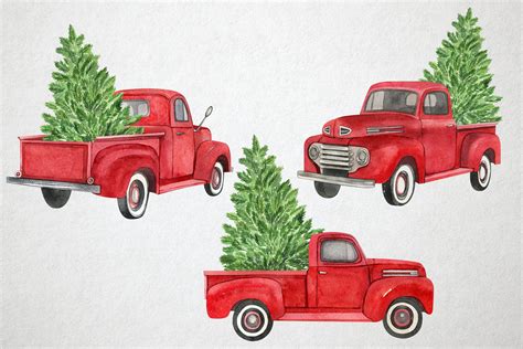 Watercolor Red Christmas Truck Clip Art Vintage Truck With Etsy