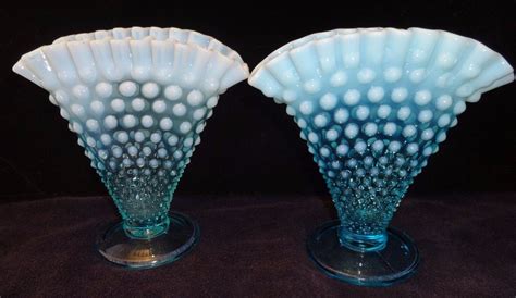 2 Vintage Fenton Glass Blue Opalescent Hobnail 6 Fan Vases Excellent