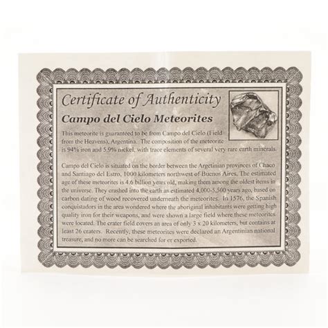 Campo Del Cielo Meteorite Specimens With Certificates Of Authenticity
