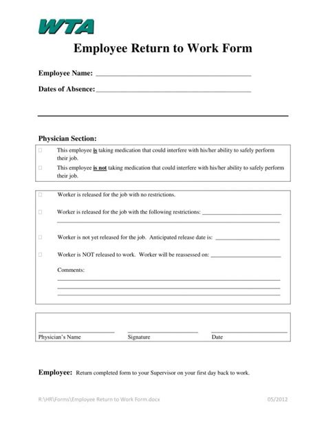 Free 7 Return To Work Forms In Pdf Ms Word