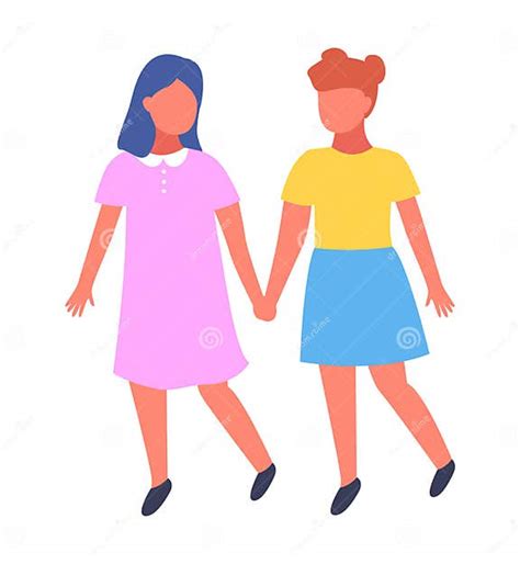 Two Best Friends Girls Holding Hands Vector Illustration About