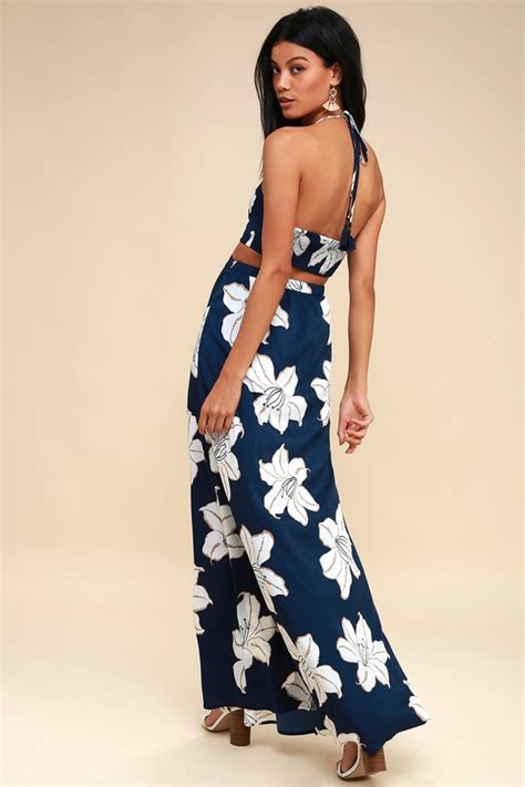Navy Blue Floral Print Dress Backless Halter Maxi Dress Lulus