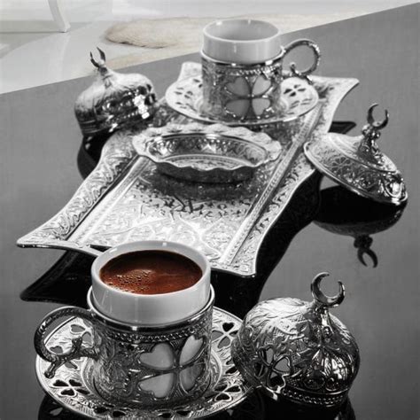 Silver Turkish Coffee Set For Two Person Clover Design Height Each