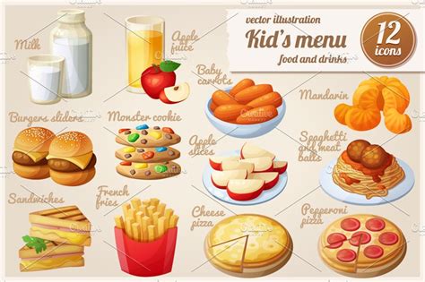 Kids Menu Cartoon Vector Food Icons Graphic Objects Creative Market