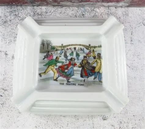 Vintage Currier And Ives Art Deco Ashtray Central Park Winter The Skating