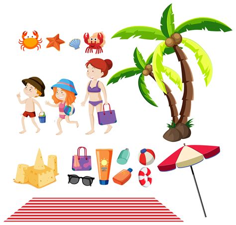 Set Of People And Summer Items On The Beach 1235053 Vector Art At Vecteezy