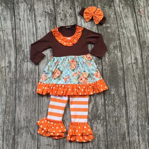 Fall Girls Outfits Kids Orange Stripes Pant Sets Ruffle Outfits Floral