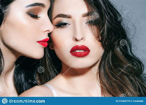 Sensual Women With Red Lips Lesbian Couple Kiss Lips Stock Image Image Of Couple Lips 215362779