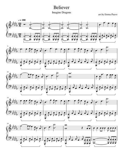 Believer Imagine Dragons Sheet Music For Piano Solo Download And