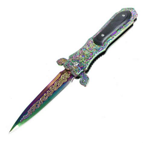 Iridescent Rainbow Medieval Spring Assist Pocket Knife Wood