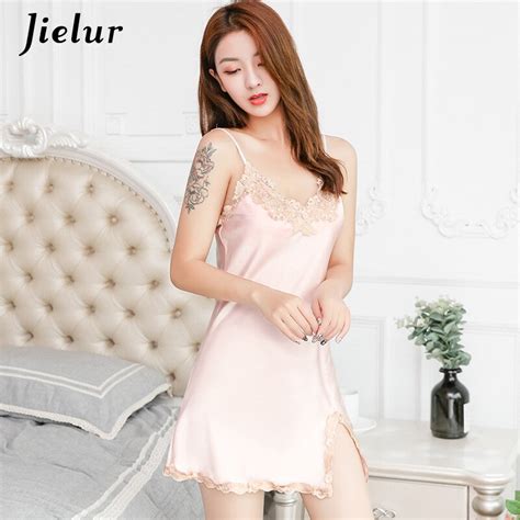 Jielur Sexy Silk Nightgowns Sleeveless Lace Patchwork Summer Women