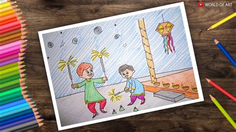 This painting activity idea is also good for family art day. How to colour Diwali festival scene | Diwali drawing for kids Part 2 - YouTube