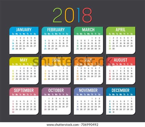 Colorful Year 2018 Calendar Vector Template Stock Vector Royalty Free