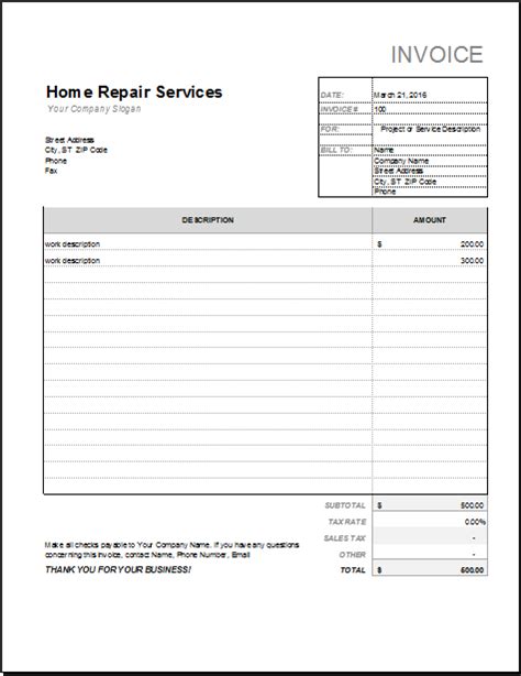 House Repair Invoice Template Cards Design Templates