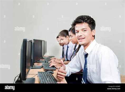 Indian School Students Boy Computer Working Showing Thumbsup Studying