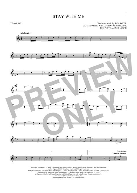 Stay With Me Sheet Music Sam Smith Tenor Sax Solo