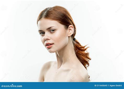 Pretty Woman Makeup On Face Naked Shoulders Gathered Hair Attractive
