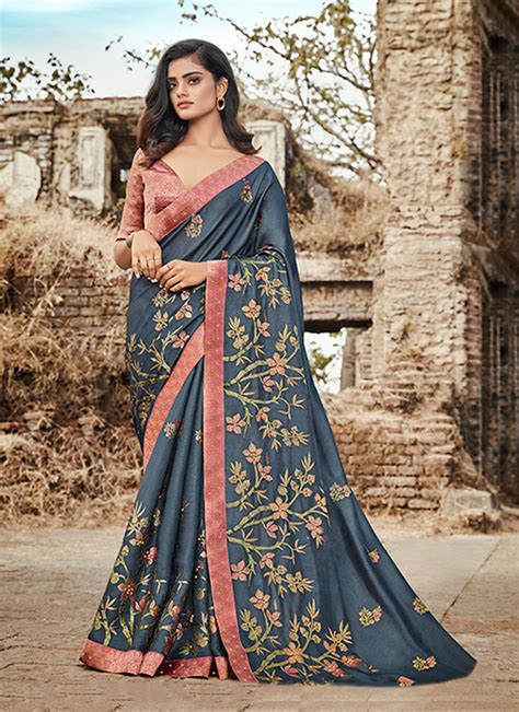 Buy Satin Silk Embroidered Trendy Saree Online