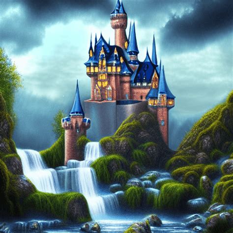 Fantasy Castle River Waterfalls Clouds Sky Diamonds Luxe Digital