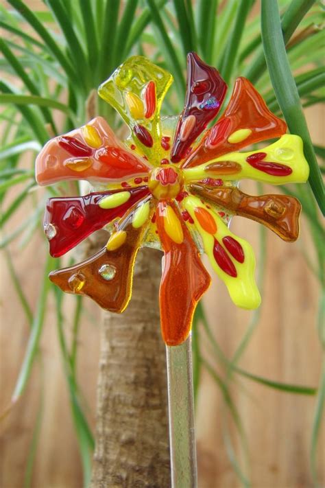 All pieces are hand cut glass, then put in kiln to fuse together. Garden Stake Flowers Fused Glass Garden Stakesdecor flower ...