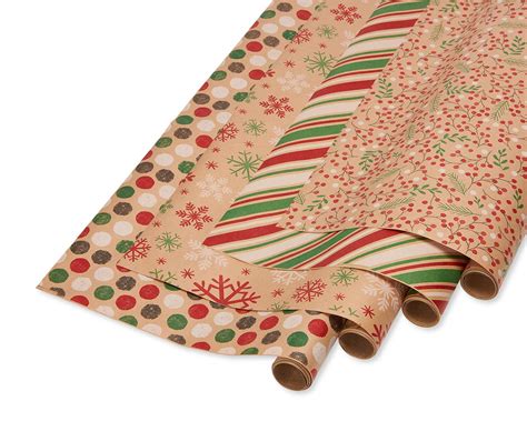 christmas reversible wrapping paper red green and kraft snowflakes polka dots stripes and