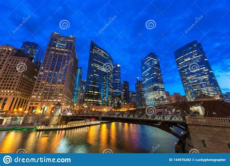 Chicago Downtown And Chicago River At Night In Chicago