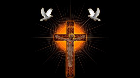 Image Of Jesus On Cross With Lighting And Black Background With Birds