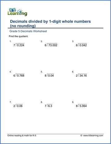 grade 5 decimals worksheet dividing decimals by whole numbers 1 9