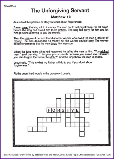 Crossword The Unforgiving Servant Kids Korner Biblewise Sunday