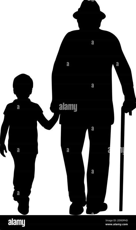 Silhouette Of Grandfather Walking With Grandson Stock Vector Image