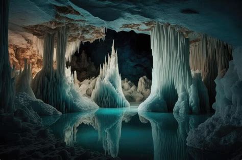 Premium Ai Image A Frozen Underground Lake Surrounded By Towering