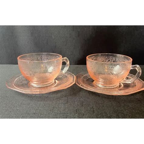2 HAZEL ATLAS Florentine Pink Depression Glass Footed Cups And Saucers