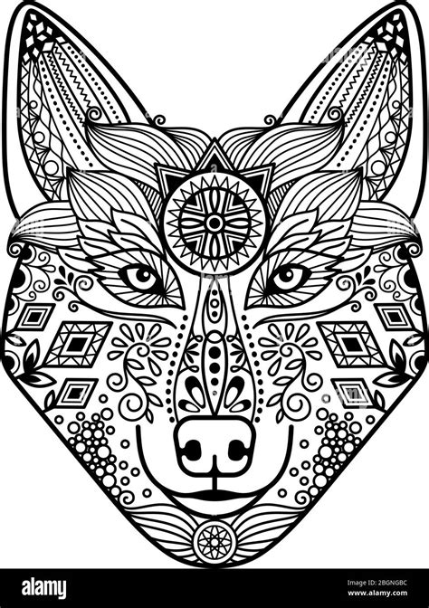 Zentangle Wolf Head With Hand Drawn Guata Ornament Black Image On