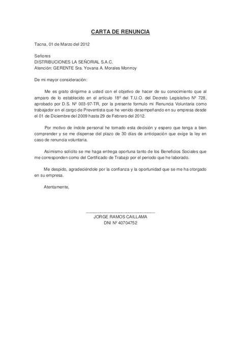 Carta De Renuncia Tacna 01 De Marzo Del 2012 Señores Distribuciones La