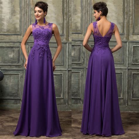 Purple Lace Beaded Long Chiffon Prom Dress Sheer Vestidos De Gala