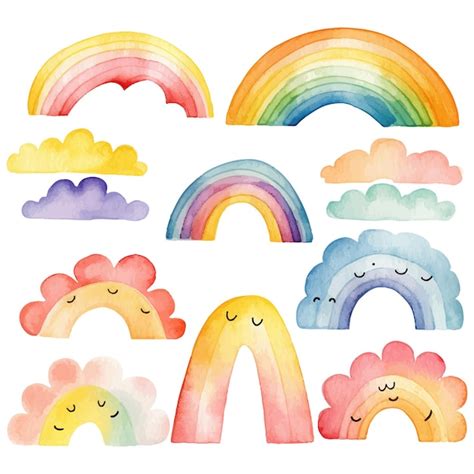 Premium Vector A Watercolor Illustration Of Rainbows And Clouds