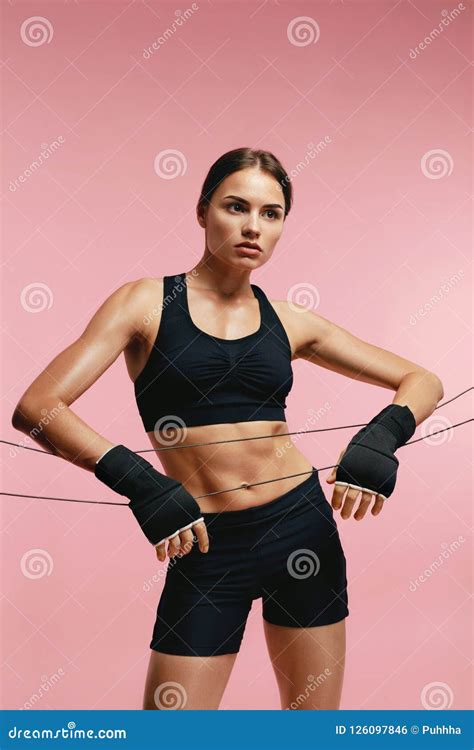 Sports Portrait Of Woman In Boxing Bandage On Ring Stock Photo Image