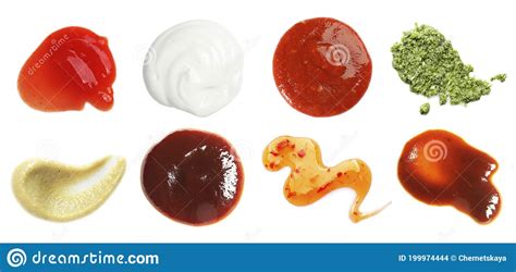 Set With Samples Of Different Sauces On White Background Stock Photo