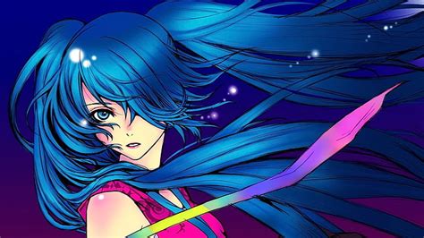 Anime Chicas Anime Cabello Azul Cabello Largo Ojos Azules Mirando Al Espectador Fondo De