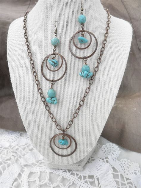 Turquoise Jewelry Set Of Necklace And Earrings On Antiqued