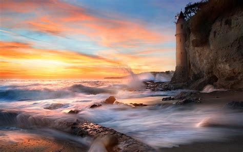 Kalifornien Meer Wellen Felsen Sonnenuntergang Wolken 1920x1200 Hd