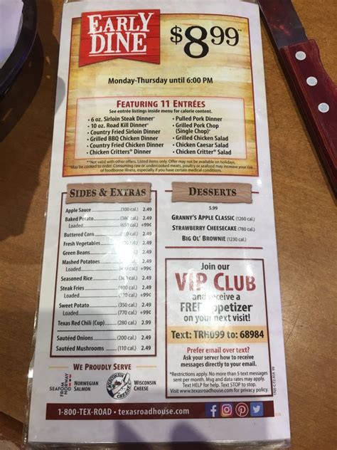 Contact your local texas roadhouse for their official texas roadhouse menu and prices.* please note, that texas roadhouse menu and prices may vary from location to location. The until 6 early bird menu - Yelp