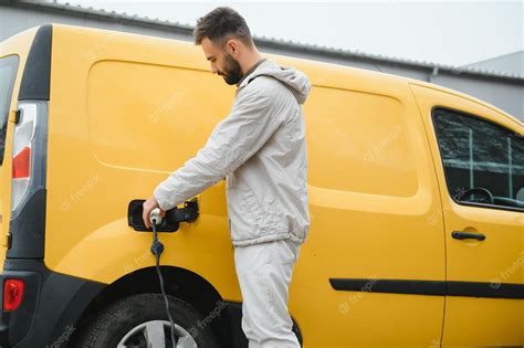 Premium Photo Man Holding Power Charging Cable For Electric Car In Outdoor Car Park And He S